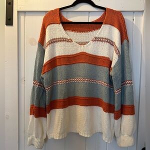 EVALESS Womens Striped Knit Oversized V Neck Sweater XL